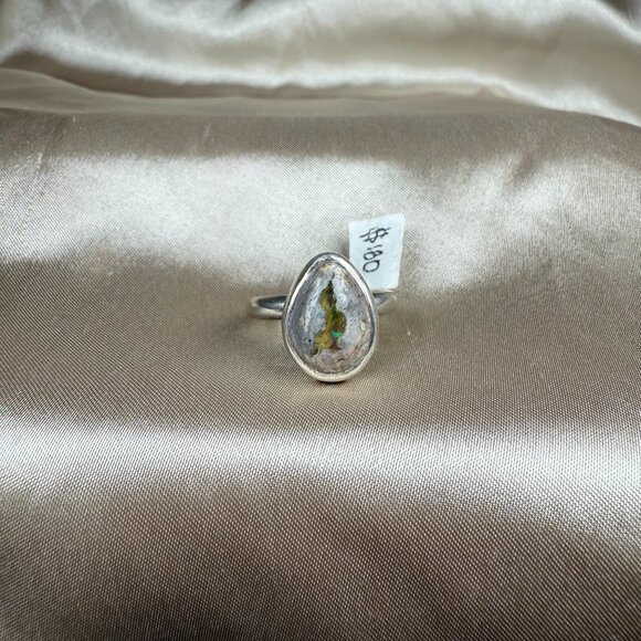 Handmade Silver Gray Boulder Opal Ring Pear Natural Gemstone Jewelry Size 9.25 - Picture 1 of 4